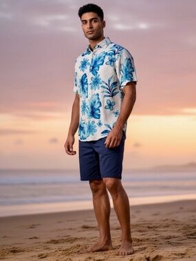 Cremieux Supima Cotton Hawaiian Floral Shirt Men’s Medium Blue White Resort Wear